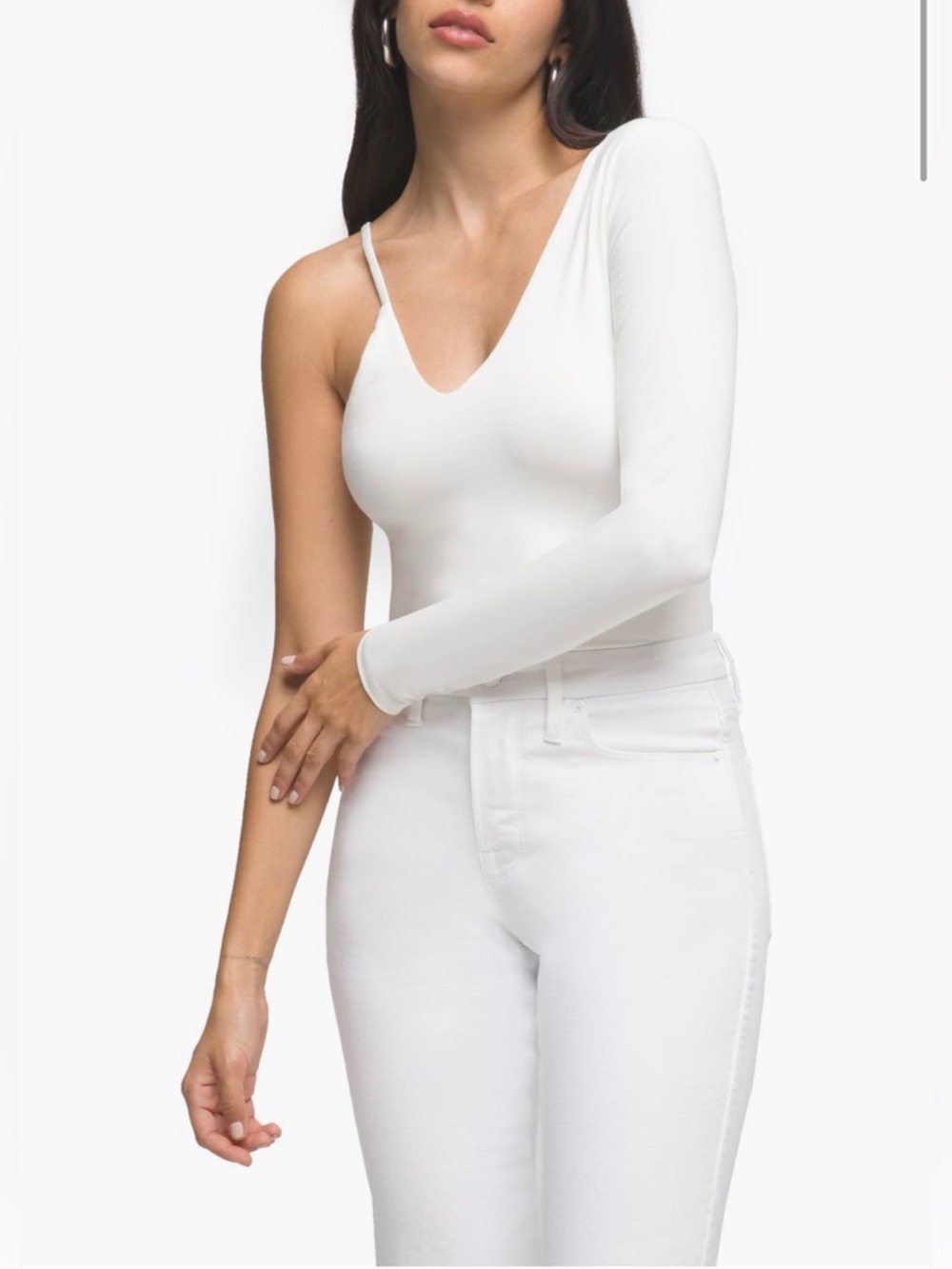 GOOD AMERICAN One-Shoulder Asymmetric
Jersey Bodysuit Cream Long Sleeve NWT